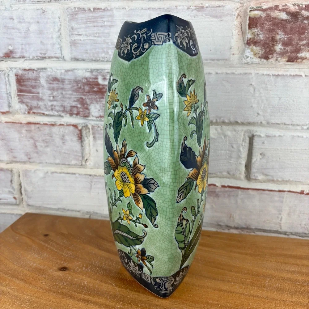 Formalities by Baum Bros Imperial Peony Crackle Vase 11in Sage Green Chinoiserie
